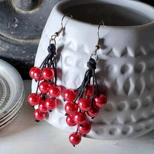 Handcrafted Red Glass Pearl Bauble Beads Black Silk Cord Long Earrings